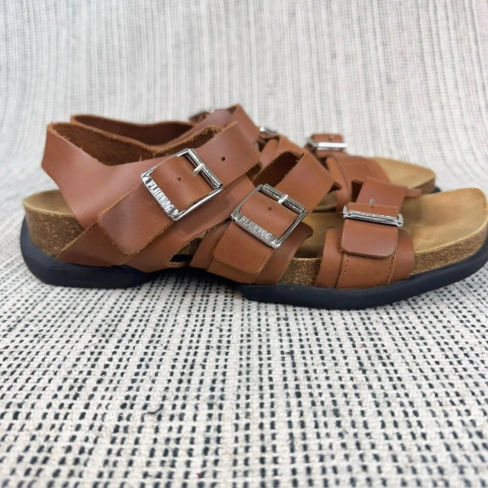 John Fluevog Peacemakers Sandals Men Size 10 Brown Leather Triple Buckle Cork